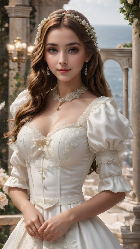 a young Lolita, with a round face, long hair. She is light white dressed angelically and smiling, ((stunning)) ((gorgeous)), upper body, portrait