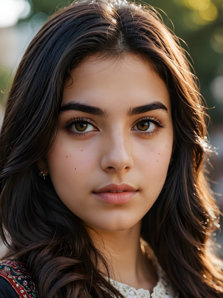 a young Persian teen girl ((stunning)) ((gorgeous)) ((detailed close-up portrait))