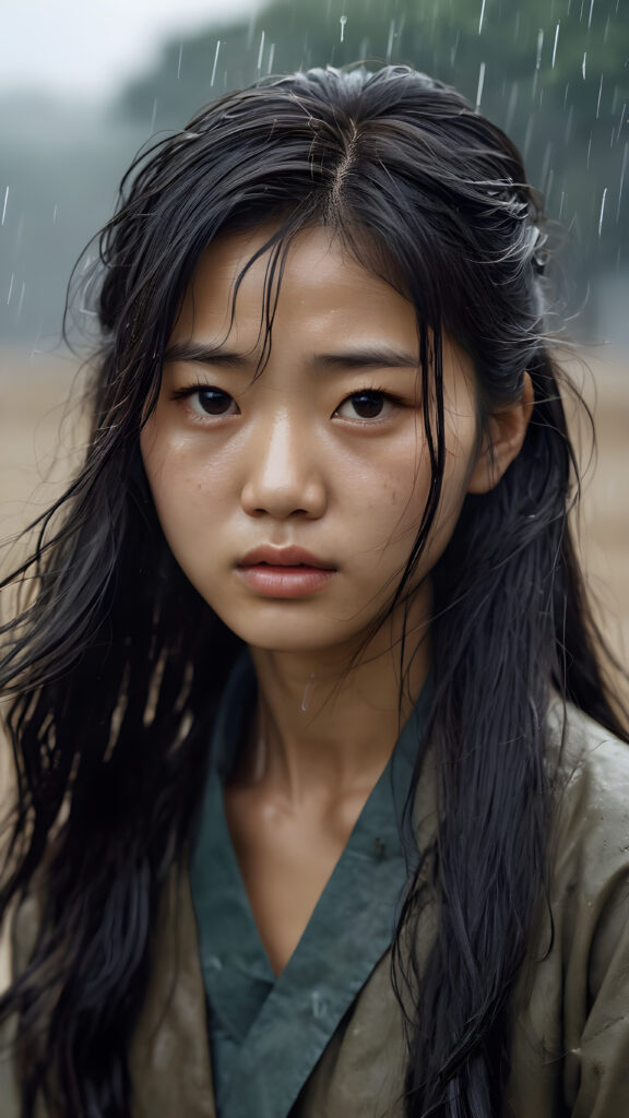 a young abandoned, sad, lonely, poor Korean teen girl in the 1951s, looks sadly at the viewer, she has disheveled long wet hair. She is hopeless. She is poor and scantily dressed, alone in a battle field. She cries. She has a dirty face. It’s raining lightly. She is skinny. ((realistic, detailed photo)), view from the side