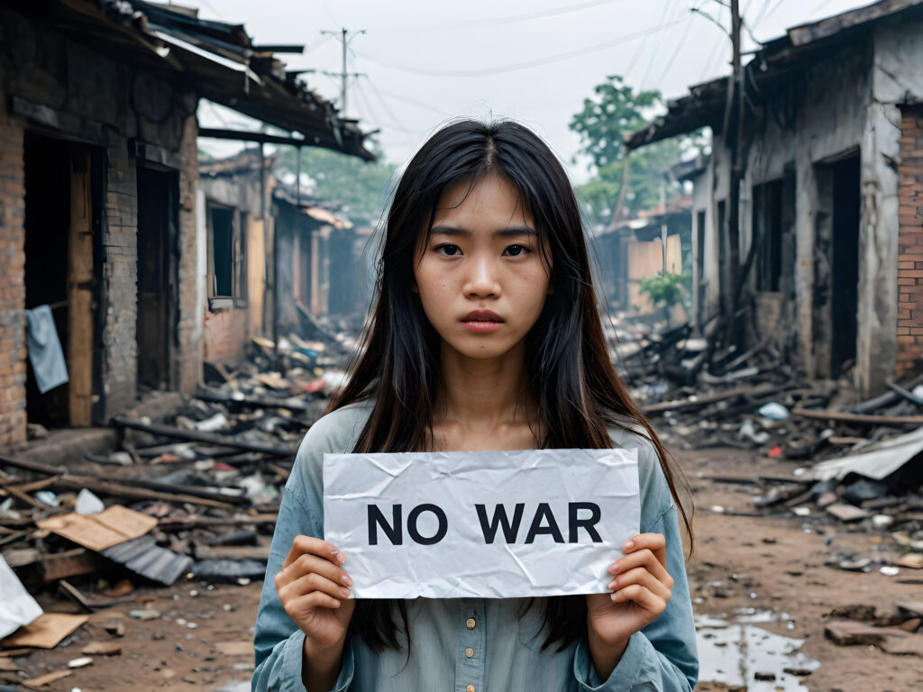 a young abandoned, sad, lonely, poor Vietnamese teen girl looks sadly at the viewer. She has disheveled long hair. She is hopeless. She is poor and scantily dressed. Stands alone. She cries. She has a dirty face. It's raining lightly. She is skinny. There are (destroyed and burning houses) in the background, ((realistic, detailed photo)) ((She holds a paper-banner in her hands with the inscription: "PLEASE NO WAR"))