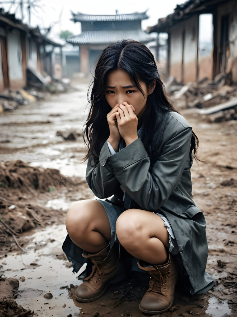 a young abandoned, sad, lonely, poor Korean teen girl looks sadly at the viewer. Crouches on the ground and covers his face with his hands. She has disheveled long hair. She is hopeless. She is poor and scantily dressed, alone in a battle field. She cries. She has a dirty face. It’s raining lightly. She is skinny. There are destroyed houses in the background, ((realistic, detailed photo)), view from the front