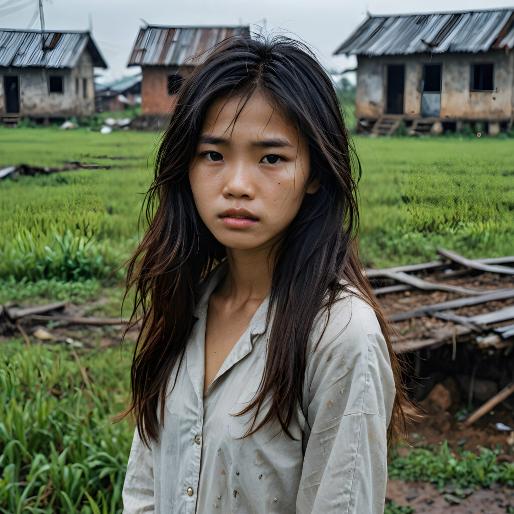 a young abandoned, sad, lonely, poor Vietnamese teen girl looks sadly at the viewer. She has disheveled long hair. She is hopeless. She is poor and scantily dressed. Stands alone in a field. She cries. She has a dirty face. It's raining lightly. She is skinny. There are destroyed houses in the background, ((realistic, detailed photo))