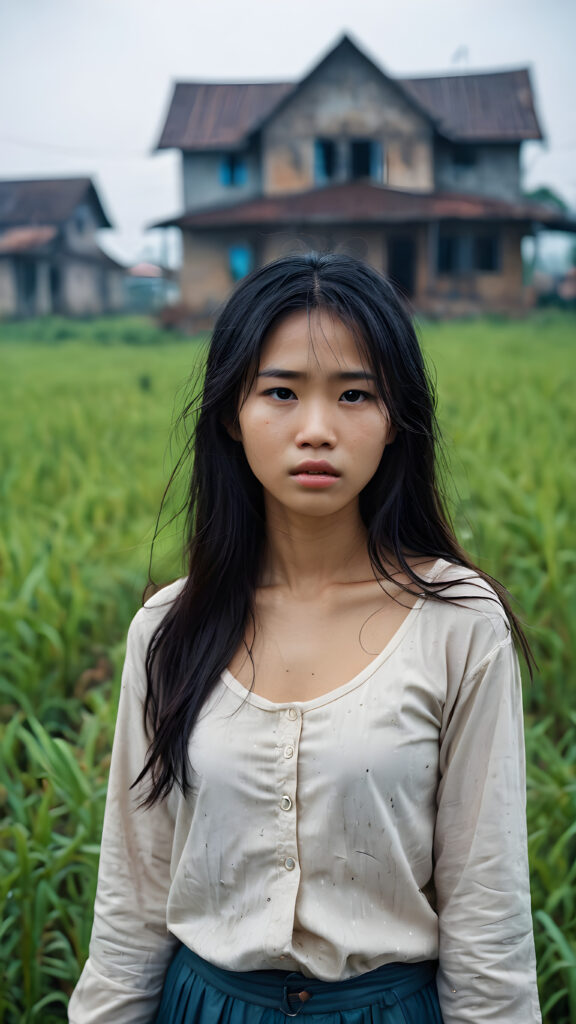 a young abandoned, sad, lonely, poor Vietnamese teen girl looks sadly at the viewer. She has disheveled long hair. She is hopeless. She is poor and scantily dressed. Stands alone in a field. She cries. She has a dirty face. It’s raining lightly. She is skinny. There are destroyed houses in the background, ((realistic, detailed photo)), 1960s Style
