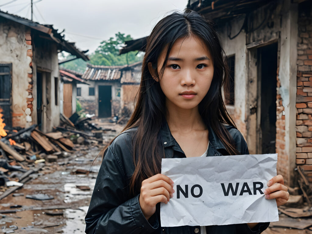 a young abandoned, sad, lonely, poor Vietnamese teen girl looks sadly at the viewer. She has disheveled long hair. She is hopeless. She is poor and scantily dressed. Stands alone. She cries. She has a dirty face. It's raining lightly. She is skinny. There are (destroyed and burning houses) in the background, ((realistic, detailed photo)) ((She holds a paper-banner in her hands with the inscription: "PLEASE NO WAR"))