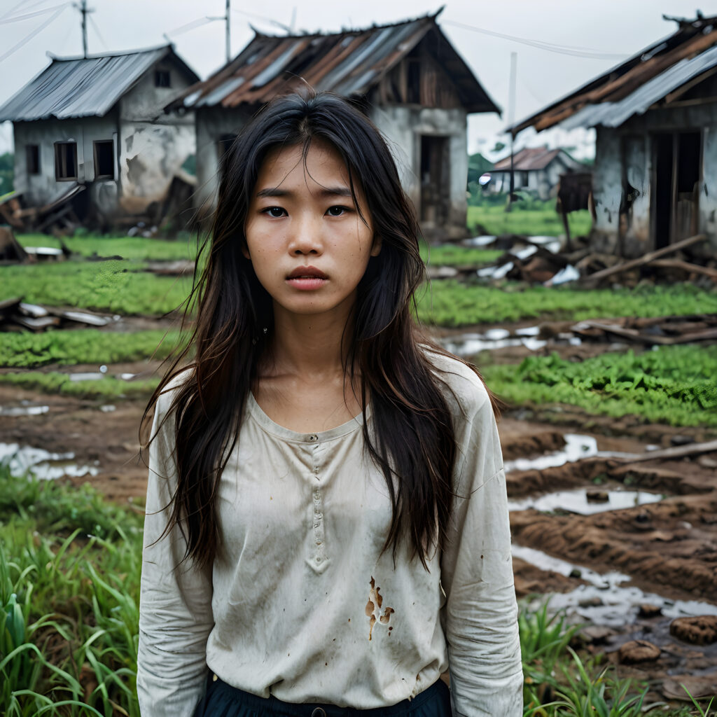 a young abandoned, sad, lonely, poor Vietnamese teen girl looks sadly at the viewer. She has disheveled long hair. She is hopeless. She is poor and scantily dressed. Stands alone in a field. She cries. She has a dirty face. It's raining lightly. She is skinny. There are destroyed houses in the background, ((realistic, detailed photo))