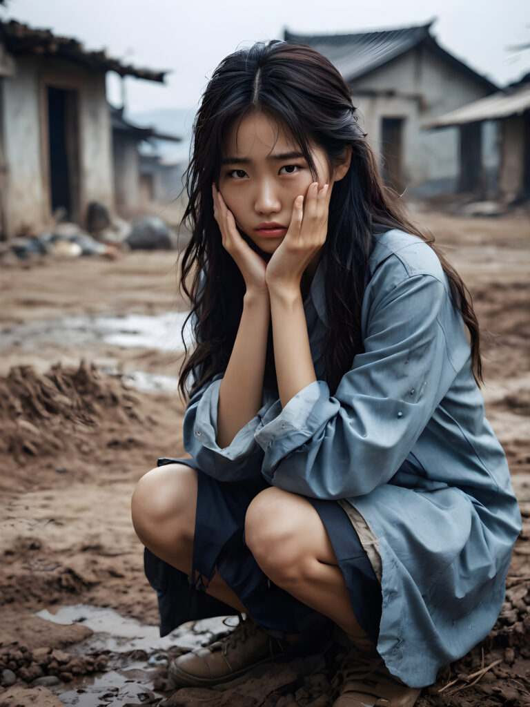 a young abandoned, sad, lonely, poor Korean teen girl looks sadly at the viewer. Crouches on the ground and covers his face with his hands. She has disheveled long hair. She is hopeless. She is poor and scantily dressed, alone in a battle field. She cries. She has a dirty face. It’s raining lightly. She is skinny. There are destroyed houses in the background, ((realistic, detailed photo)), view from the front