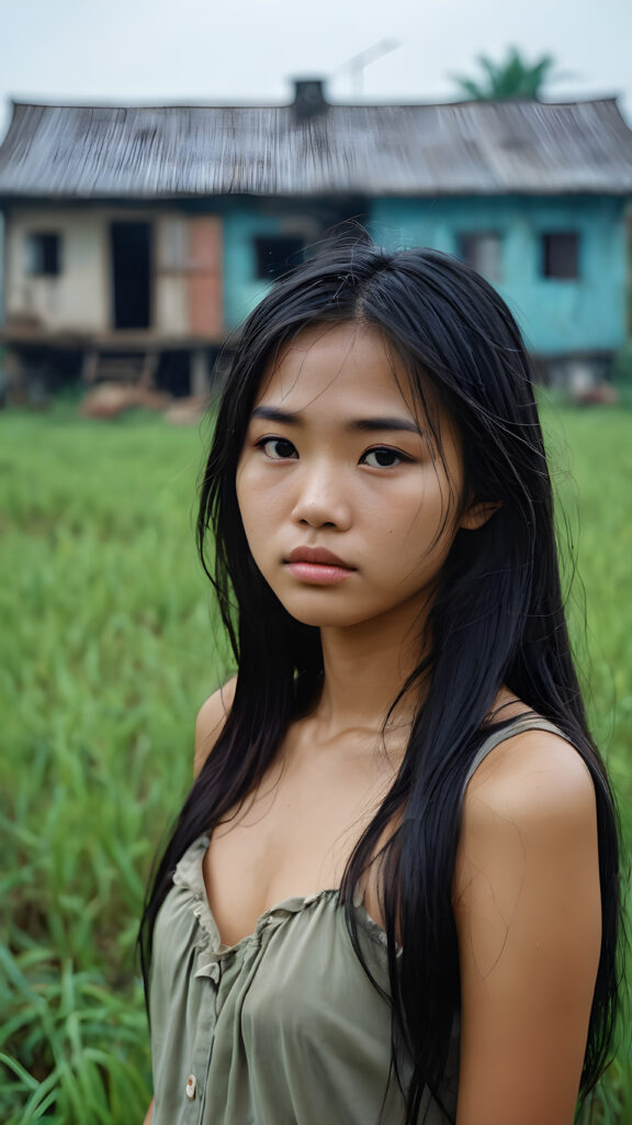 a young abandoned, sad, lonely, poor Vietnamese teen girl looks sadly at the viewer. She has disheveled long hair. She is hopeless. She is poor and scantily dressed. Stands alone in a field. She cries. She has a dirty face. It’s raining lightly. She is skinny. There are destroyed houses in the background, ((realistic, detailed photo)), 1960s Style