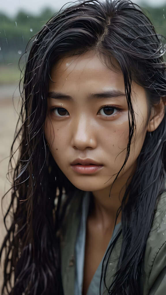 a young abandoned, sad, lonely, poor Korean teen girl in the 1951s, looks sadly at the viewer, she has disheveled long wet hair. She is hopeless. She is poor and scantily dressed, alone in a battle field. She cries. She has a dirty face. It’s raining lightly. She is skinny. ((realistic, detailed photo)), view from the side
