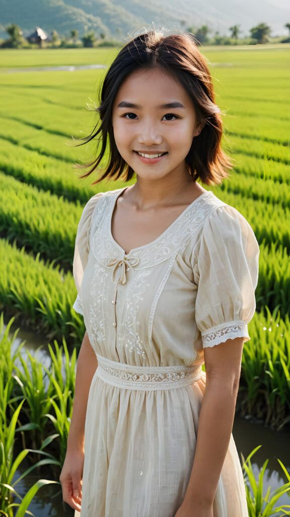 a (((young, beautiful Asian peasant teen girl))), dressed in a simple, flowing dress, smile confidently as she stands amidst a vast (((rice paddy))), her surroundings bathed in a serene, sunny glow