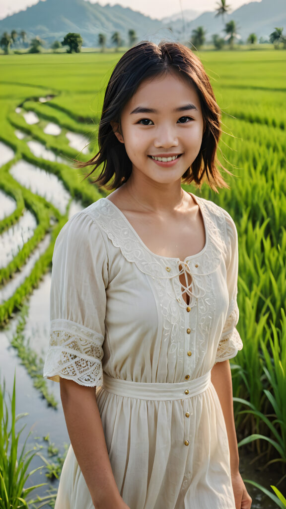 a (((young, beautiful Asian peasant teen girl))), dressed in a simple, flowing dress, smile confidently as she stands amidst a vast (((rice paddy))), her surroundings bathed in a serene, sunny glow