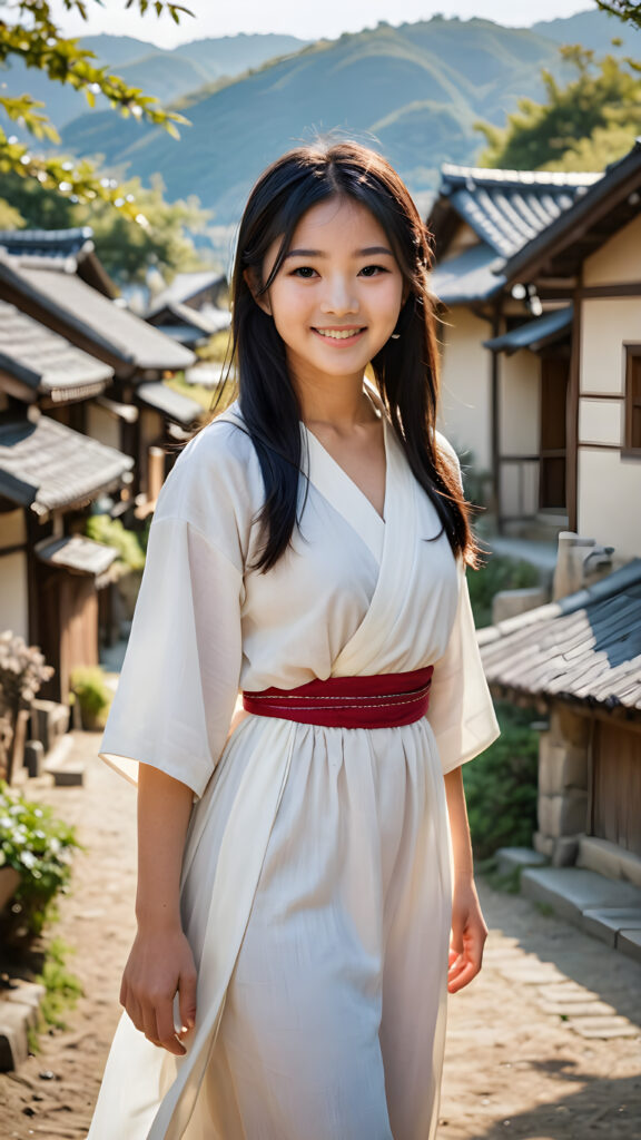 a (((young, beautiful Japanese peasant teen girl))), long straight soft black hair, dressed in a simple, flowing dress, smile confidently as she stands amidst a vast (((traditional village))), her surroundings bathed in a serene, sunny glow