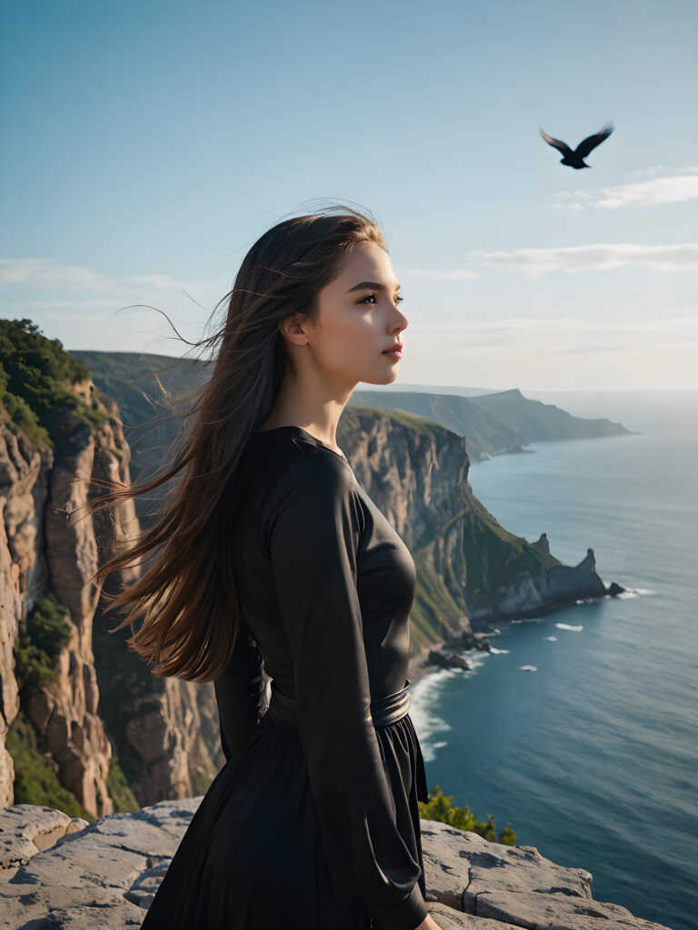 a (((young, beautiful teen girl))), dressed in sleek, ((black clothes)), standing confidently on a (ominous, dark cliff), with her luxurious, (full hair) flowing gently in the wind around her, reflecting the (serene, distant landscape) below. Her features are (exquisite), as if captured by a master artist, and her figure is (flawless). Distant birds dot the (clear, blue sky) above, adding a touch of serendipity to this (powerful moment).