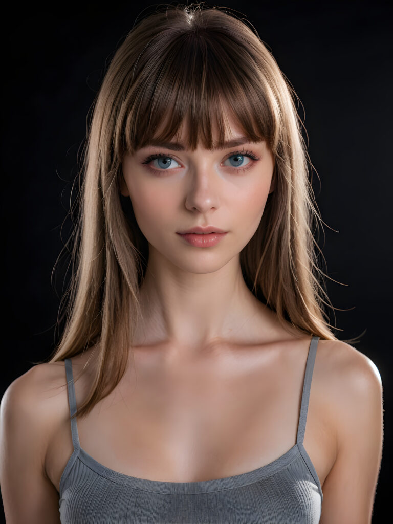 a young beautiful young girl, she has full red lips and her mouth is slightly open ready to kiss, she has long (((detailed +attribut straight hair in bangs cut))) (her hair falls on her shoulders), and (realistic light blue eyes), ((angelic face)), black background, perfect shadows, weak light falls into the picture from the side, she wears a tight (((grey crop top))), perfect curved body, she looks seductively at the viewer, flawless skin, ((side view)) ((ultra realistic photo)) ((stunning)) ((gorgeous)) ((4k)), full body
