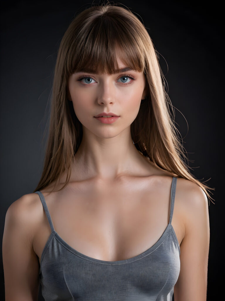 a young beautiful young girl, she has full red lips and her mouth is slightly open ready to kiss, she has long (((detailed +attribut straight hair in bangs cut))) (her hair falls on her shoulders), and (realistic light blue eyes), ((angelic face)), black background, perfect shadows, weak light falls into the picture from the side, she wears a tight (((grey crop top))), perfect curved body, she looks seductively at the viewer, flawless skin, ((side view)) ((ultra realistic photo)) ((stunning)) ((gorgeous)) ((4k)), full body