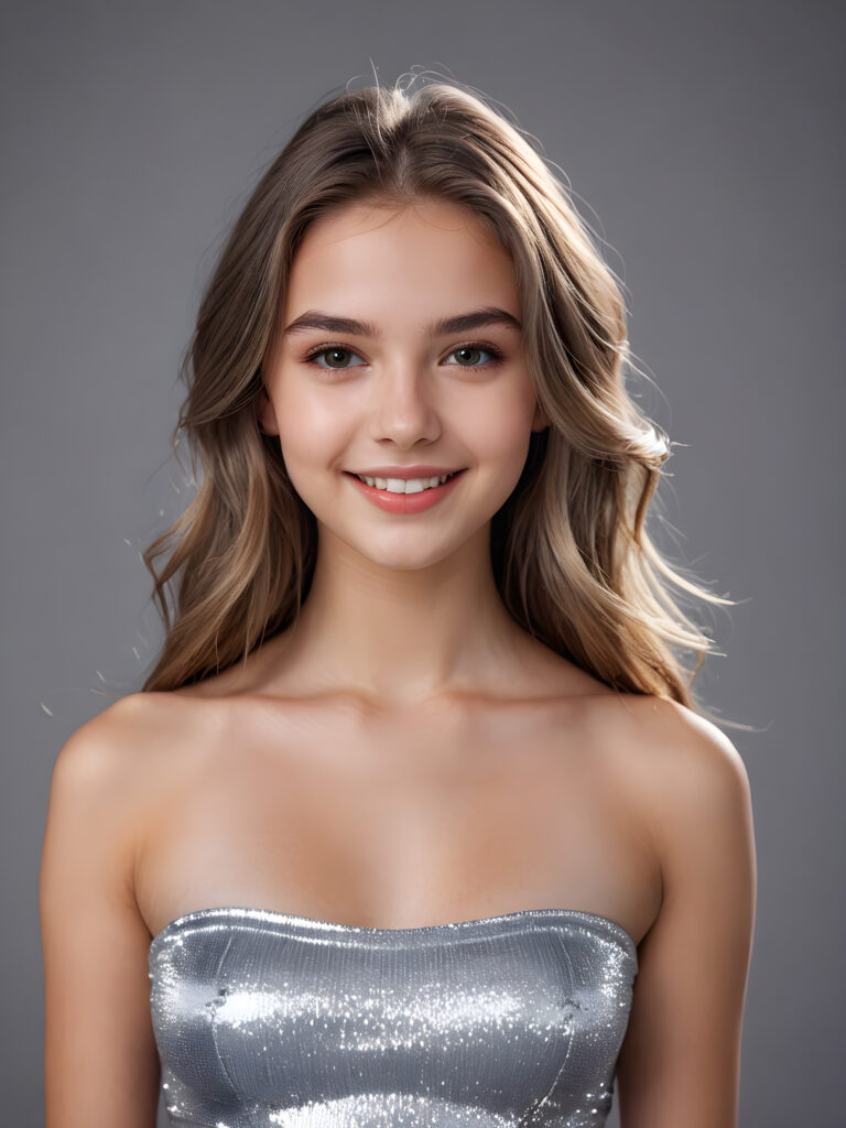 a young, beautiful and breathtaking teen girl. She has a full head of shiny hair. Her white, flawless skin shimmers slightly. Full lips. Perfect body. She smiles and wears a thin crop top ((detailed perfect photo)) ((stunning)) ((gorgeous)) ((cute)) ((grey background))