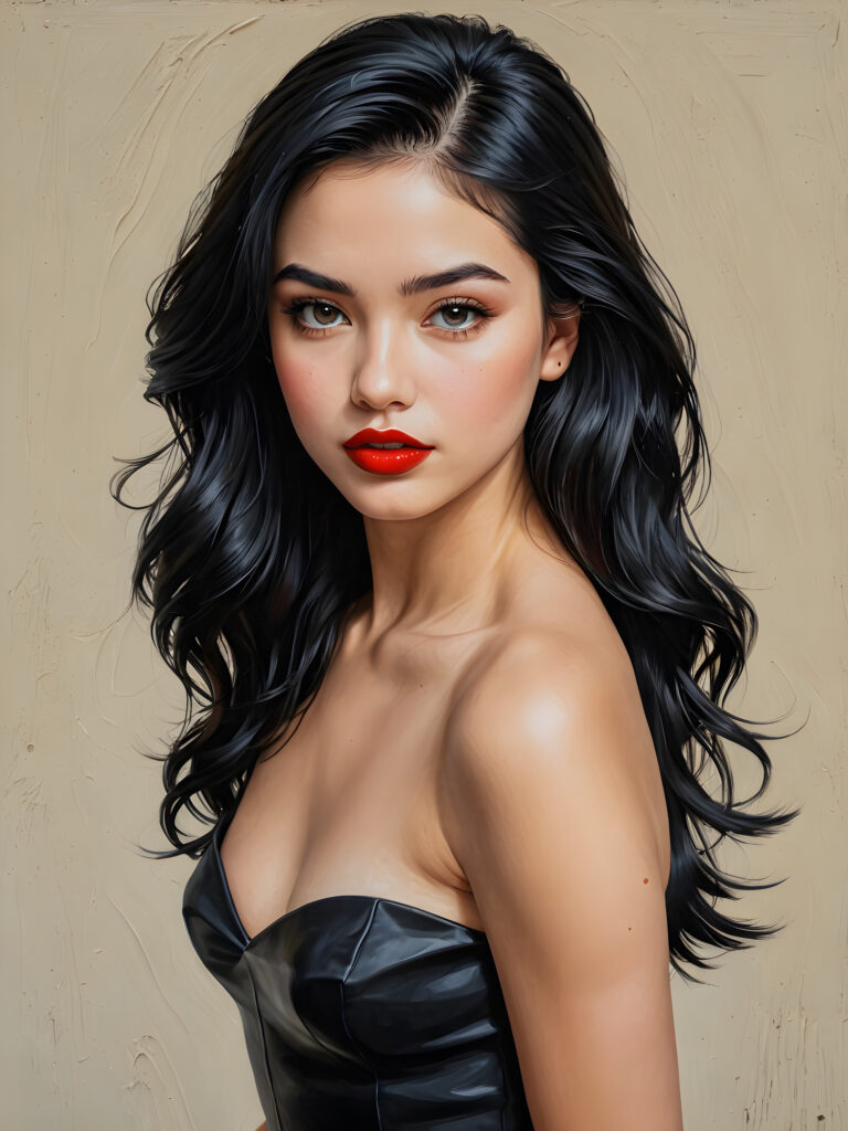 a young, beautiful teen girl with black hair, full, round red lips and black eyes, thin dressed in black, view from above, ((realistic detailed) (full body view), perfect curved body, realistic an detailed photo, ((empty background))