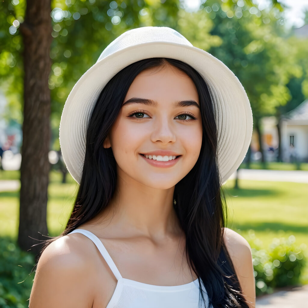 a young, beautiful teen girl. She has black, full, shiny hair. She is wearing a white hat. Her white, flawless skin shimmers slightly. Full lips. Perfect body. She smiles. ((detailed perfect photo)) ((stunning)) ((gorgeous)) ((cute))