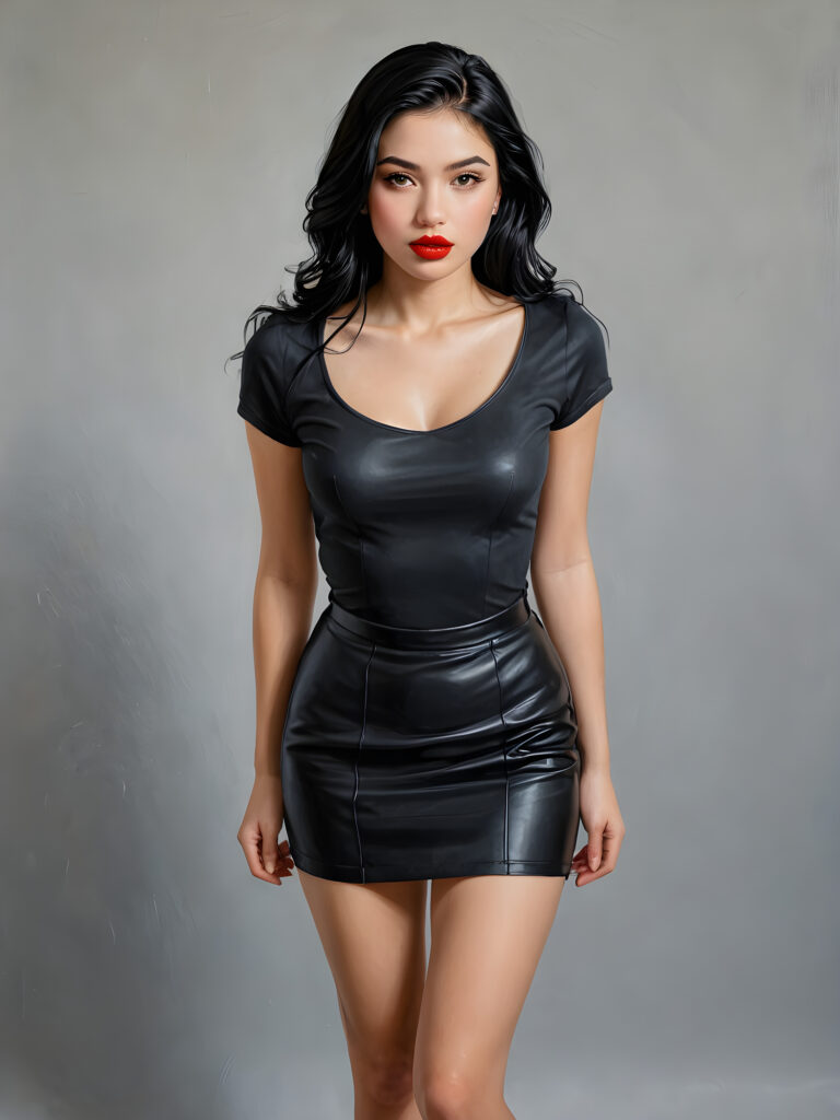 a young, beautiful teen girl with black hair, full, round red lips and black eyes, thin dressed in black, view from above, ((realistic detailed) (full body view), perfect curved body, realistic an detailed photo, ((empty background))