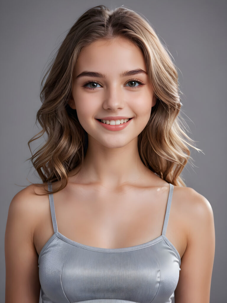 a young, beautiful and breathtaking teen girl. She has a full head of shiny hair. Her white, flawless skin shimmers slightly. Full lips. Perfect body. She smiles and wears a thin crop top ((detailed perfect photo)) ((stunning)) ((gorgeous)) ((cute)) ((grey background))
