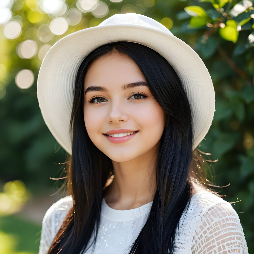 a young, beautiful teen girl. She has black, full, shiny hair. She is wearing a white hat. Her white, flawless skin shimmers slightly. Full lips. Perfect body. She smiles. ((detailed perfect photo)) ((stunning)) ((gorgeous)) ((cute))