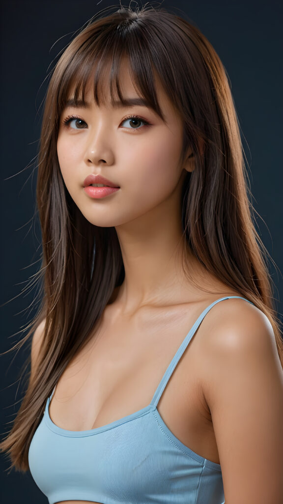a young beautiful Asian teen girl, she has full lips and her mouth is slightly open ready to kiss, she has long (((detailed straight shoulder-length hair, bangs that are parted to the side))), and (realistic light blue eyes), ((angelic face)), dark background, perfect shadows, weak light falls into the picture from the side, she wears a tight (((crop top))), perfect curved body, she looks seductively at the viewer, flawless skin, white teeth, ((side view)) ((ultra realistic photo)) ((stunning)) ((gorgeous)) ((4k)) ((upper body))