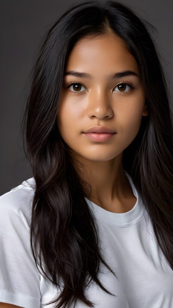 a young beautiful cute Peruvian teen girl, 15 years old, dimmed light falls on her face, she has long (((dark hair))) and dark eyes, ((angelic round face)), ((realistic, detailed portrait)), grey background, perfect shadown, she wears a white t-shirt, perfect curved body, upper body, ((side view))