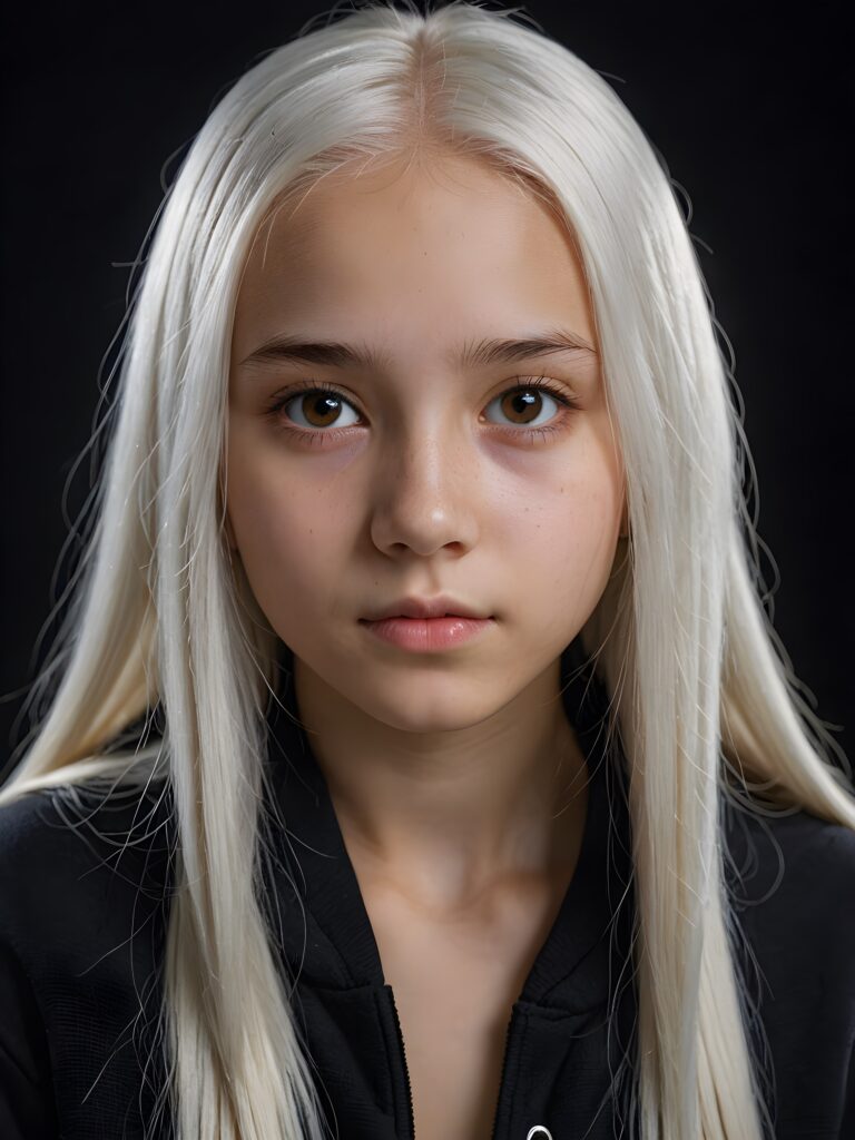 a young beautiful Exotic teen girl, 13 years old, dimmed light falls on her face, she has long (((platinum white straight hair))) and amber eyes, ((angelic round face)), ((realistic, detailed portrait)), dark background, perfect shadown, she wears a hoodie, looks tired at the viewer