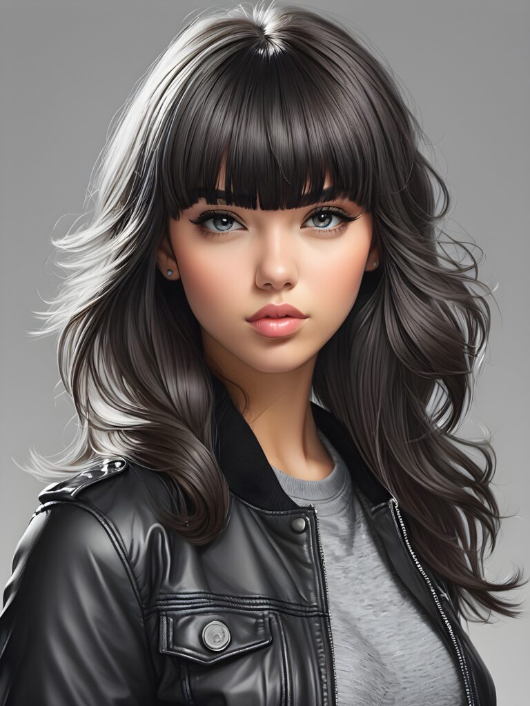a young beautiful teen girl, perfect curved body, realistic detailed hair, fit body, full lips, crop black jacket, ((straight hair, bangs cut), ((stunning)) ((gorgeous)) ((detailed upper body portrait)), ((grey background))