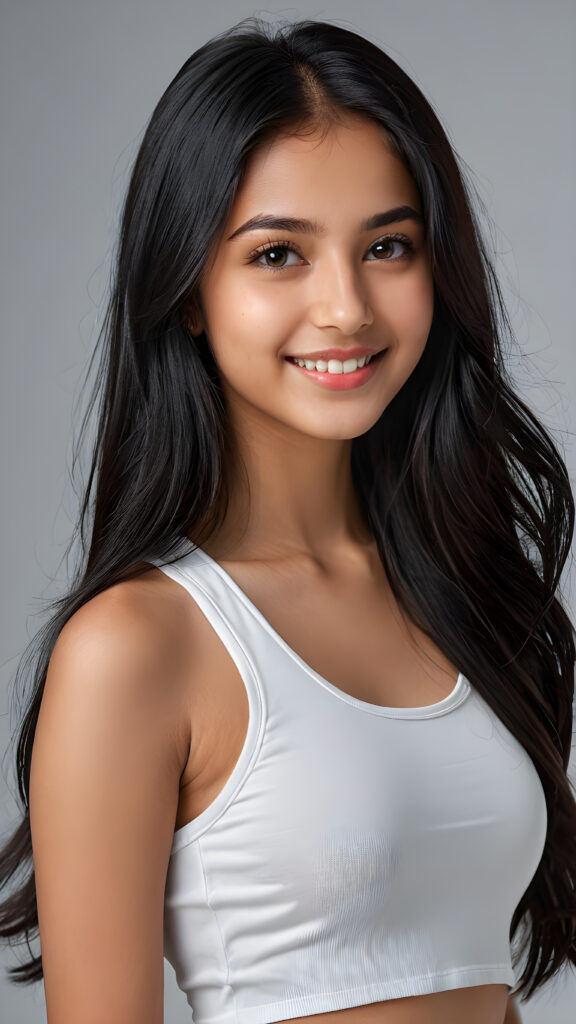 a young beautiful cute Pakistani teen girl, 15 years old, warm smile, dimmed light falls on her, she has long (((black straight hair))) (her hair falls on her shoulders), and dark realistic eyes, ((angelic round face)), grey background, perfect shadows, she wears (a ((white short and tight crop top))), perfect curved fit body, she looks seductively at the viewer and smiles slightly, upper body, flawless skin, ((side profile)) ((ultra realistic photo)) ((stunning)) ((gorgeous)) ((4k))