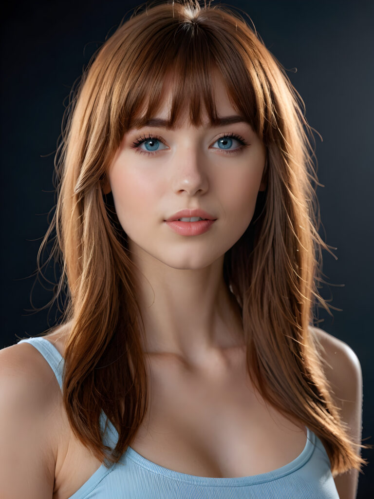 a young beautiful teen girl, she has full lips and her mouth is slightly open ready to kiss, she has long (((detailed brown straight shoulder-length hair, bangs that are parted to the side))), and (realistic light blue OR brown eyes), ((angelic face)), dark background, perfect shadows, weak light falls into the picture from the side, she wears a tight (((crop top in black OR white))), perfect curved body, she looks seductively at the viewer, flawless skin, white teeth, ((side view)) ((ultra realistic photo)) ((stunning)) ((gorgeous)) ((4k)) ((upper body))