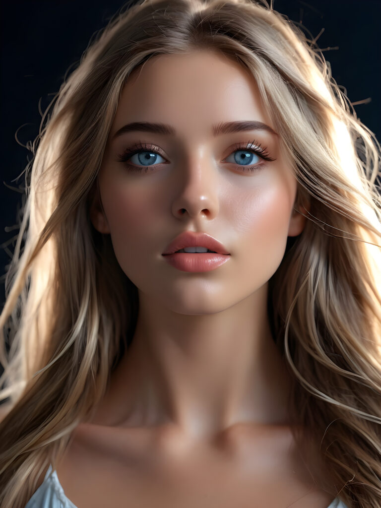 a young beautiful girl looks like Aphrodite, she has full lips and her mouth is slightly open ready to kiss, she has (((detailed straight long hair))) (her hair falls on her shoulders), and (realistic light blue eyes), ((angelic face)), black background, perfect shadows, weak light falls into the picture from the side, perfect curved body, she looks seductively at the viewer, flawless skin, ((side view)) ((ultra realistic photo)) ((stunning)) ((gorgeous)) ((4k)) ((upper body))