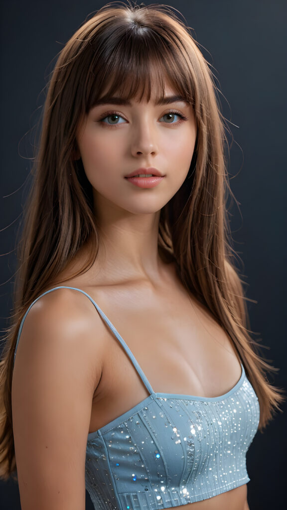 a young beautiful teen girl, she has full lips and her mouth is slightly open ready to kiss, she has long (((detailed brown straight shoulder-length hair, bangs that are parted to the side))), and (realistic light blue eyes), ((angelic face)), dark background, perfect shadows, weak light falls into the picture from the side, she wears a tight (((crop top in black))), perfect curved body, she looks seductively at the viewer, flawless skin, white teeth, ((side view)) ((ultra realistic photo)) ((stunning)) ((gorgeous)) ((4k)) ((upper body))