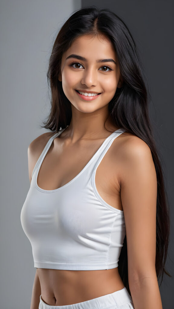a young beautiful cute Pakistani teen girl, 15 years old, warm smile, dimmed light falls on her, she has long (((black straight hair))) (her hair falls on her shoulders), and dark realistic eyes, ((angelic round face)), grey background, perfect shadows, she wears (a ((white short and tight crop top))), perfect curved fit body, she looks seductively at the viewer and smiles slightly, upper body, flawless skin, ((side profile)) ((ultra realistic photo)) ((stunning)) ((gorgeous)) ((4k))