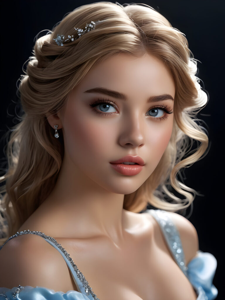 a young beautiful girl looks like Cinderella, she has full lips and her mouth is slightly open ready to kiss, she has (((detailed hair))), and (realistic eyes), ((angelic face)), black background, perfect shadows, weak light falls into the picture from the side, perfect curved body, she looks seductively at the viewer, flawless skin, ((side view)) ((ultra realistic photo)) ((stunning)) ((gorgeous)) ((4k)) ((upper body))