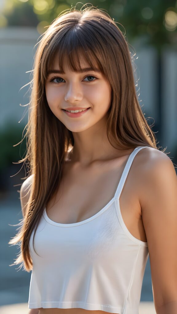 a young beautiful cute young fit daemonic teen girl, 13 years old, warm smile, dimmed light falls on her, she has long (((straight long hair, bangs cut))) (her hair falls on her shoulders), and (realistic dark blue eyes), ((angelic round face)), in a dreamy, perfect shadows, she wears (a ((white tight crop tank top))), perfect curved fit body, she looks seductively at the viewer and smiles slightly, upper body, flawless skin, light background, ((side profile)) ((ultra realistic photo)) ((stunning)) ((gorgeous)) ((4k))