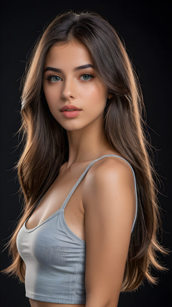 a young beautiful young girl, she has full lips and her mouth is slightly open ready to kiss, she has long (((detailed straight hair))) (her hair falls on her shoulders), and (realistic light blue eyes), ((angelic face)), black background, perfect shadows, weak light falls into the picture from the side, she wears a tight (((grey crop top))), perfect curved body, she looks seductively at the viewer, flawless skin, ((side view)) ((ultra realistic photo)) ((stunning)) ((gorgeous)) ((4k))