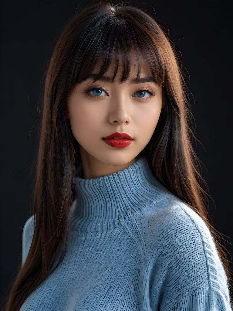 a young beautiful young Indonesian girl, she has full red lips and her mouth is slightly open ready to kiss, she has long (((detailed dark straight hair in bangs cut))) (her hair falls on her shoulders), and (realistic light blue eyes), ((angelic face)), black background, perfect shadows, weak light falls into the picture from the side, she wears a tight (((wool sweater in white))), perfect curved body, she looks seductively at the viewer, flawless skin, ((side view)) ((ultra realistic photo)) ((stunning)) ((gorgeous)) ((4k))