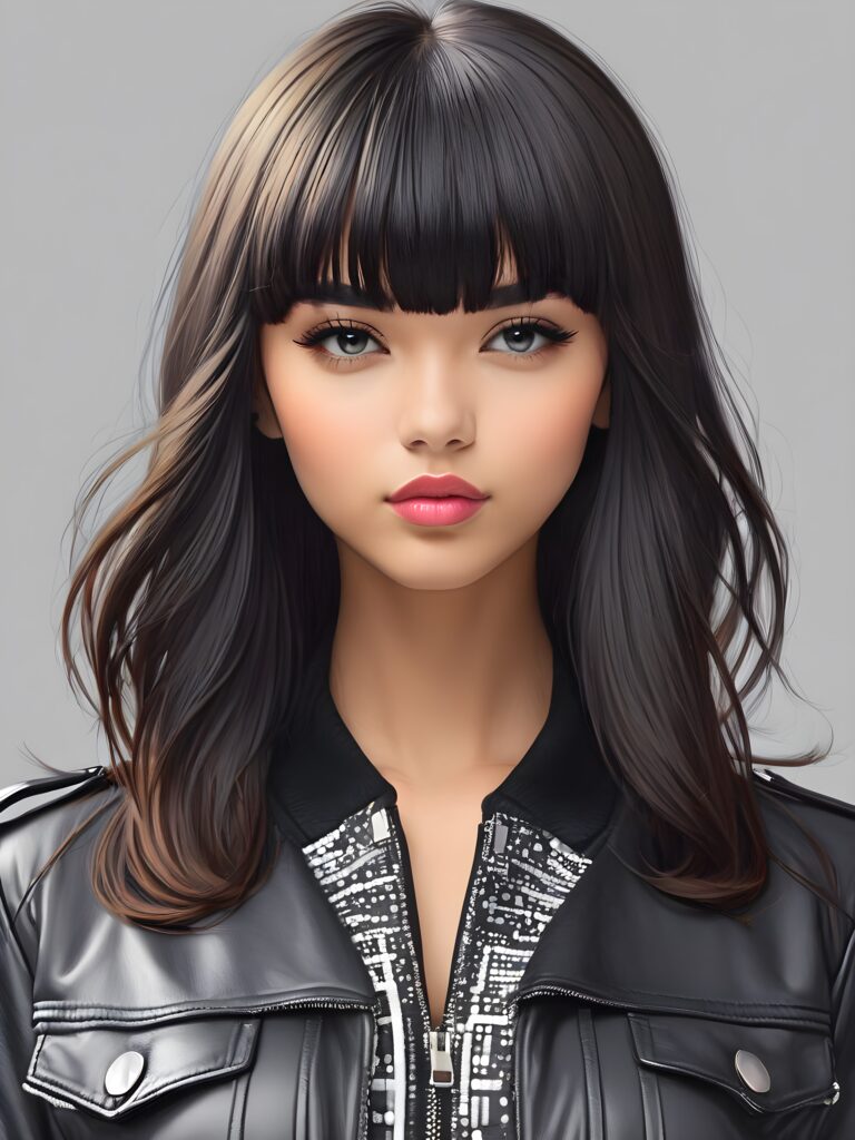 a young beautiful teen girl, perfect curved body, full lips, crop black jacket, ((straight hair, bangs cut), ((stunning)) ((gorgeous)), ((grey background)) ((a drawing from points))