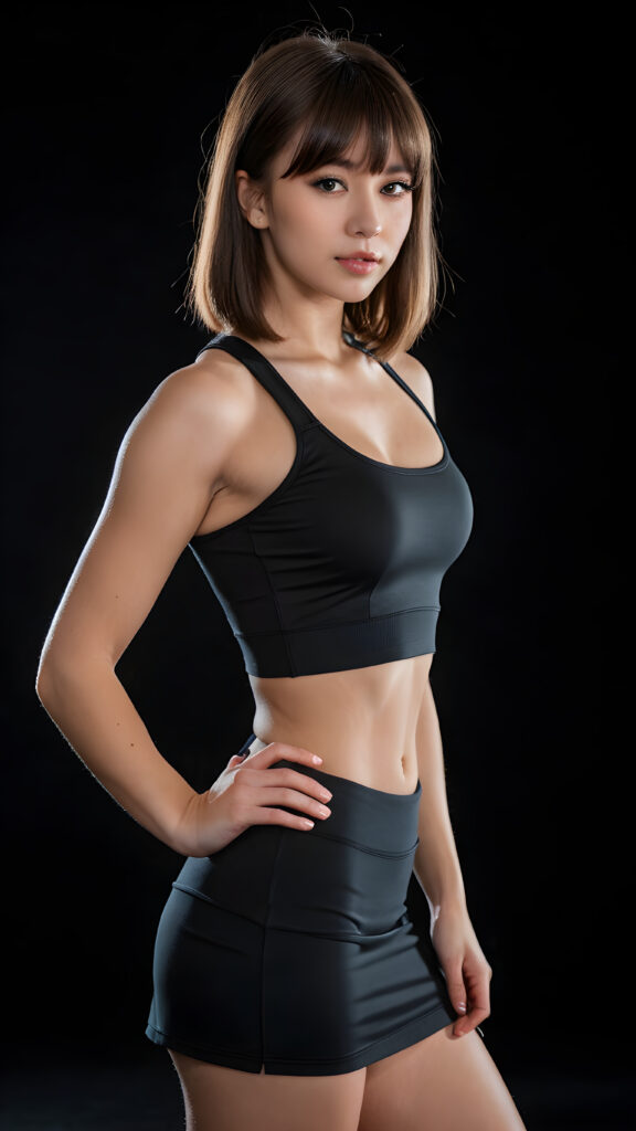 a young beautiful teen girl, perfect curved body, fit body, weak, dimmed light, ((straight hair, bangs cut), ((stunning)) ((gorgeous)), ((black background)), ((low cut sport crop top)) ((short mini skirt))