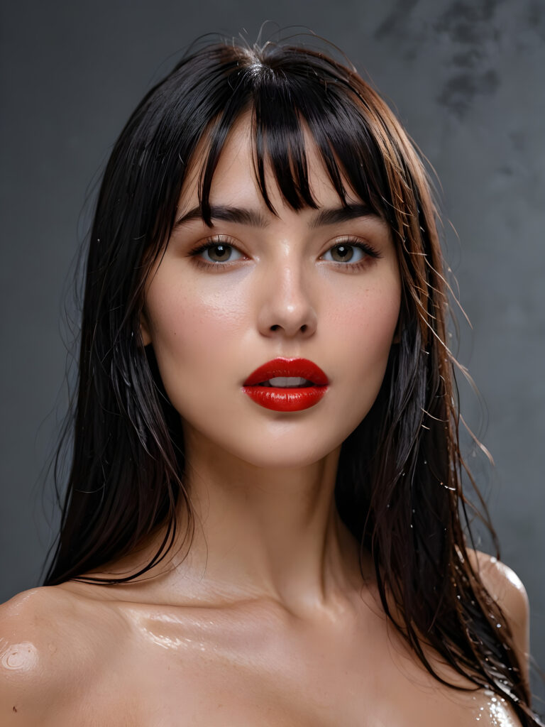 a young beautiful girl, wearing a large, she has (full red lips) and her mouth is slightly open, she has long (((detailed straight wet shoulder-length dark hair, bangs that are parted to the side))), and (realistic dark eyes), ((angelic face)), ((grey background)), perfect shadows, weak light falls into the picture from the side, perfect curved body, she looks seductively at the viewer, flawless skin, white teeth, ((side view)) ((ultra realistic photo)) ((stunning)) ((gorgeous)) ((4k)) ((upper body))