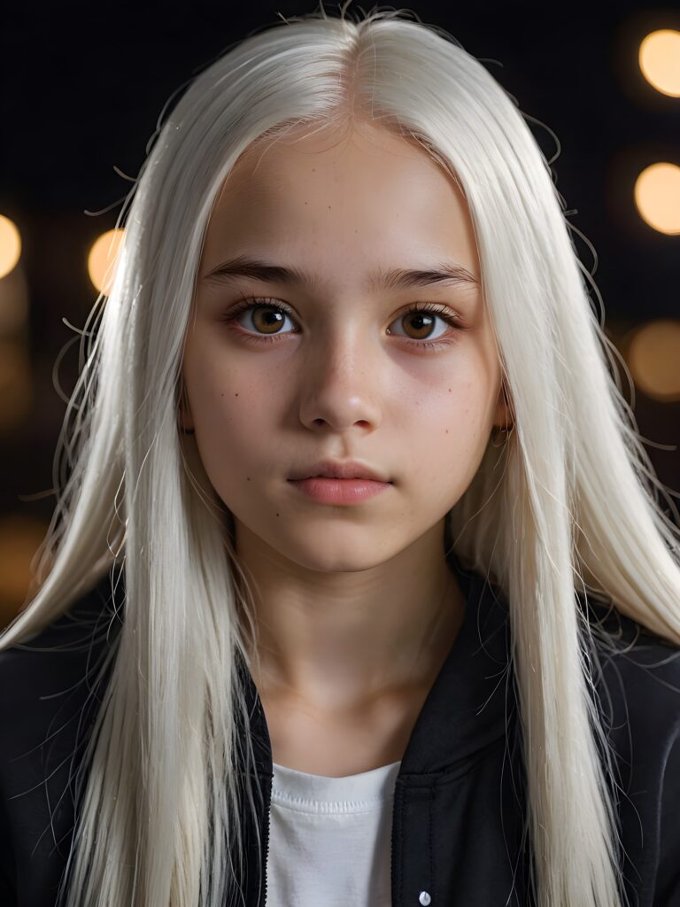 a young beautiful Exotic teen girl, 13 years old, dimmed light falls on her face, she has long (((platinum white straight hair))) and amber eyes, ((angelic round face)), ((realistic, detailed portrait)), dark background, perfect shadown, she wears a hoodie, looks tired at the viewer