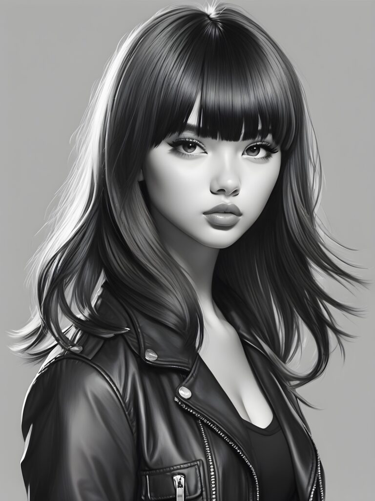 a young beautiful teen girl, perfect curved body, full lips, crop black jacket, ((straight hair, bangs cut), ((stunning)) ((gorgeous)), ((grey background)) ((a rough hand sketch with a pencil in black and white))