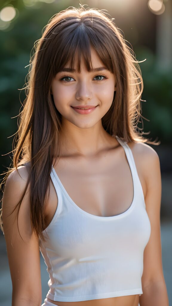 a young beautiful cute young fit daemonic teen girl, 13 years old, warm smile, dimmed light falls on her, she has long (((straight long hair, bangs cut))) (her hair falls on her shoulders), and (realistic dark blue eyes), ((angelic round face)), in a dreamy, perfect shadows, she wears (a ((white tight crop tank top))), perfect curved fit body, she looks seductively at the viewer and smiles slightly, upper body, flawless skin, light background, ((side profile)) ((ultra realistic photo)) ((stunning)) ((gorgeous)) ((4k))