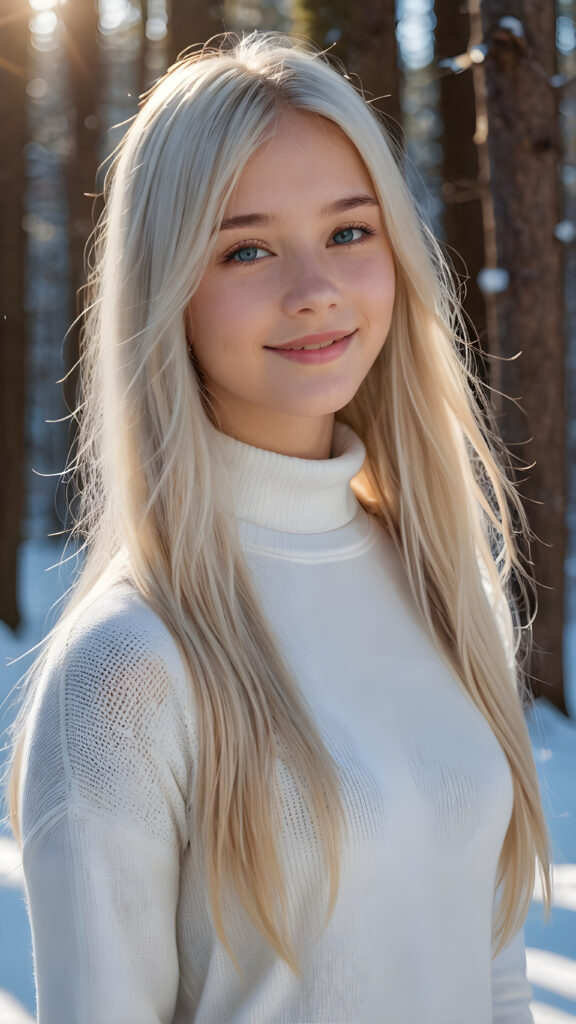 a young beautiful cute young Nordic teen girl, 15 years old, warm smile, dimmed light falls on her, she has long (((white straight long hair, bangs cut))) (her hair falls on her shoulders), and (realistic dark blue eyes), ((angelic round face)), in a dreamy, snowy landscape, perfect shadows, she wears (a ((white tight silk sweater))), perfect curved fit body, she looks seductively at the viewer and smiles slightly, upper body, flawless skin, ((side profile)) ((ultra realistic photo)) ((stunning)) ((gorgeous)) ((4k))