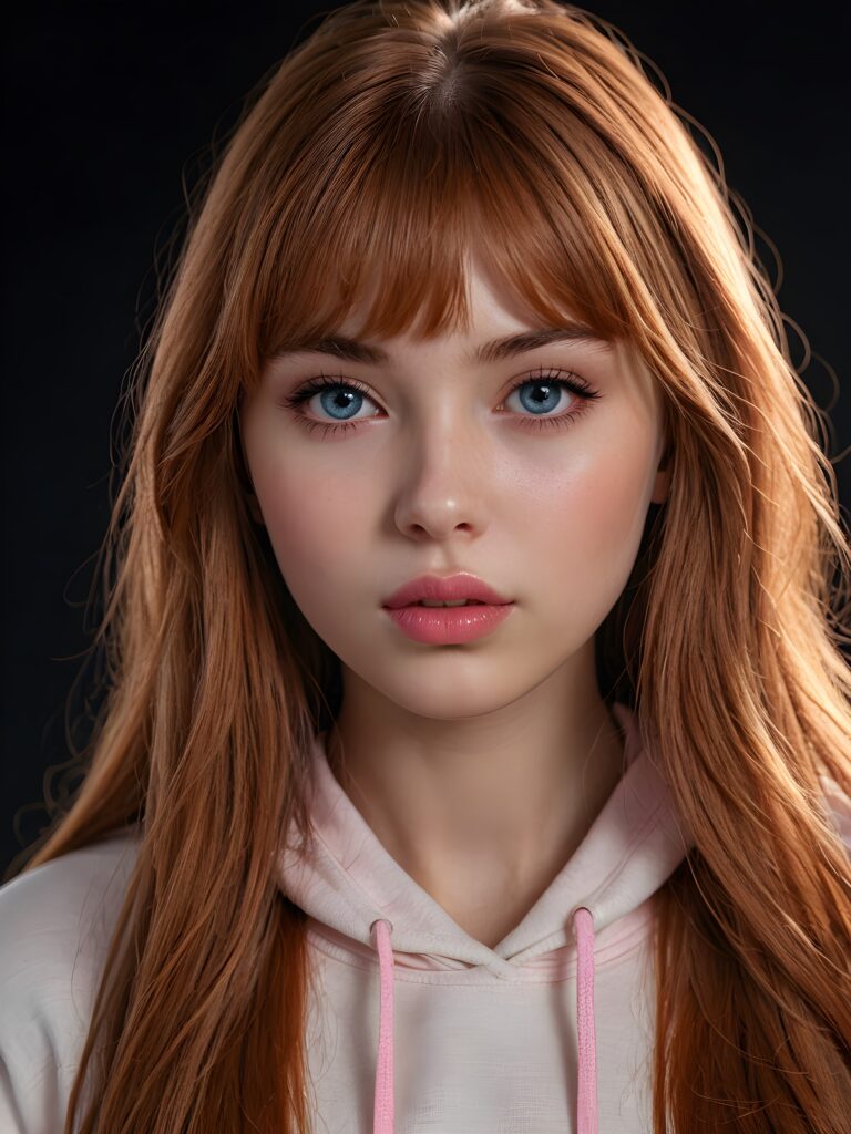a young beautiful teen girl, 15 years old, dimmed light falls on her face, she has long (((auburn straight bright hair))) in bangs cut and deep blue eyes, ((angelic round face)), ((realistic, detailed portrait)), dark background, perfect shadown, (((pink lips))), she wears a white hoodie, looks tired at the viewer