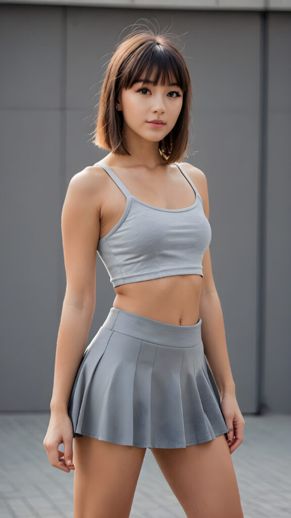 a young beautiful skater teen girl, perfect curved body, fit body, ((straight hair, bangs cut), ((stunning)) ((gorgeous)), ((grey background)) ((full body)) ((super short mini skirt)) ((short crop top))