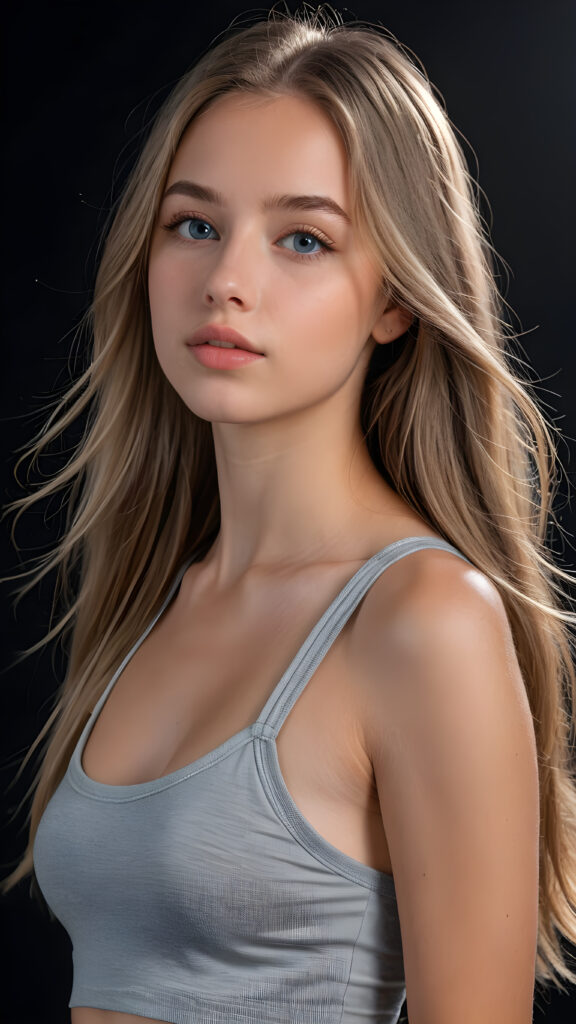 a young beautiful young teen girl, she has full lips and her mouth is slightly open ready to kiss, she has long (((detailed straight hair))) (her hair falls on her shoulders), and (realistic light blue eyes), ((angelic face)), black background, perfect shadows, weak light falls into the picture from the side, she wears a tight (((grey crop top))), perfect curved body, she looks seductively at the viewer, flawless skin, ((side view)) ((ultra realistic photo)) ((stunning)) ((gorgeous)) ((4k))