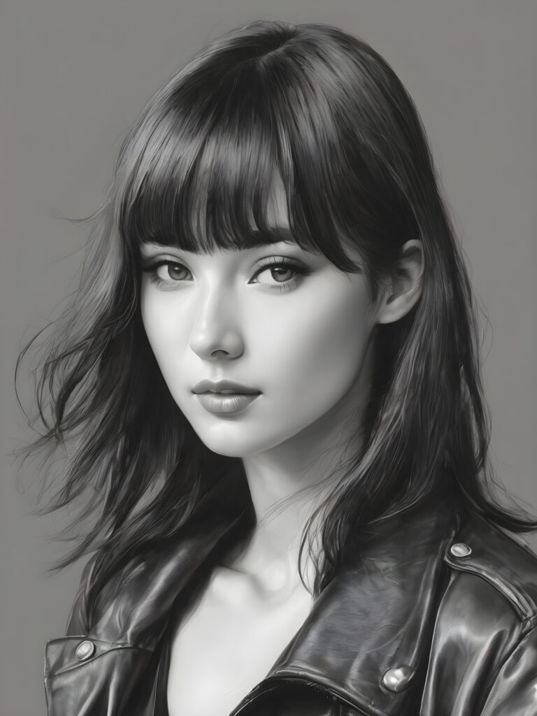 a young beautiful teen girl, perfect curved body, full lips, crop black jacket, ((straight hair, bangs cut), ((stunning)) ((gorgeous)), ((grey background)) ((a figure drawing))