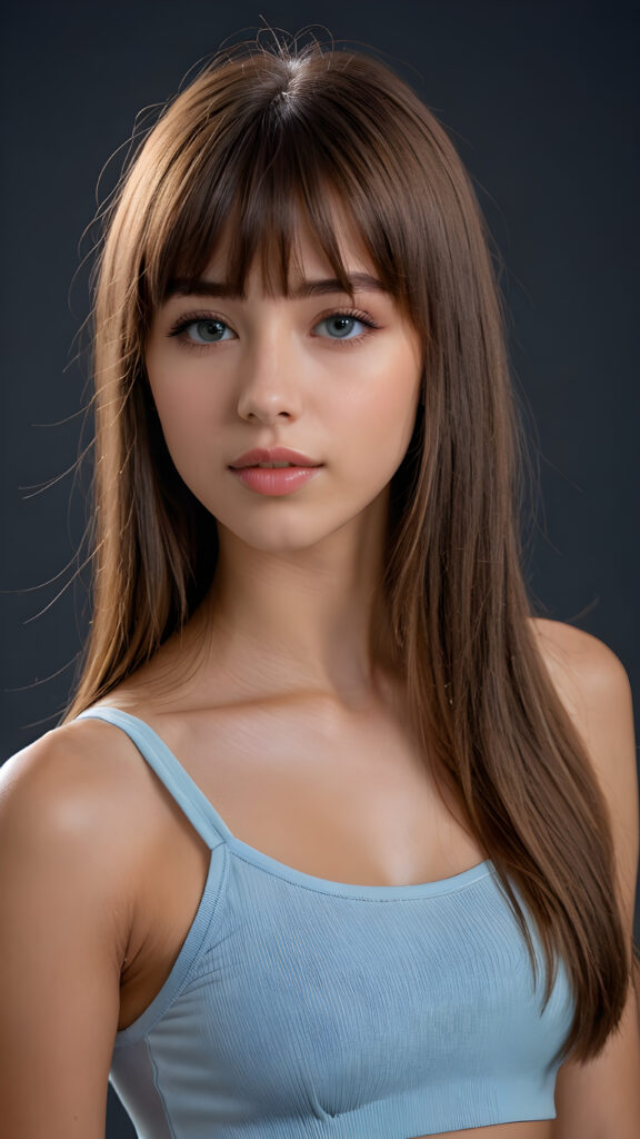 a young beautiful teen girl, she has full lips and her mouth is slightly open ready to kiss, she has long (((detailed brown straight shoulder-length hair, bangs that are parted to the side))), and (realistic light blue eyes), ((angelic face)), dark background, perfect shadows, weak light falls into the picture from the side, she wears a tight (((crop top in black))), perfect curved body, she looks seductively at the viewer, flawless skin, white teeth, ((side view)) ((ultra realistic photo)) ((stunning)) ((gorgeous)) ((4k)) ((upper body))