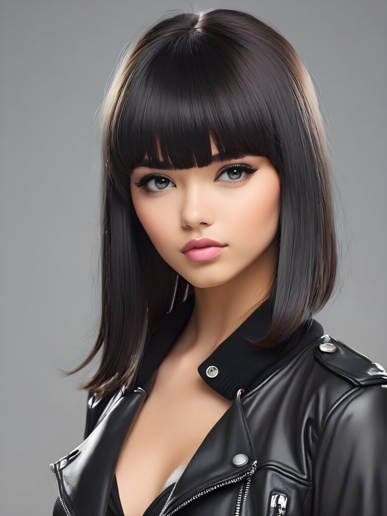 a young beautiful teen girl, perfect curved body, full lips, crop black jacket, ((straight hair, bangs cut), ((stunning)) ((gorgeous)), ((grey background)) ((a drawing from points))